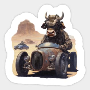 a cow racing a car across the desert Sticker